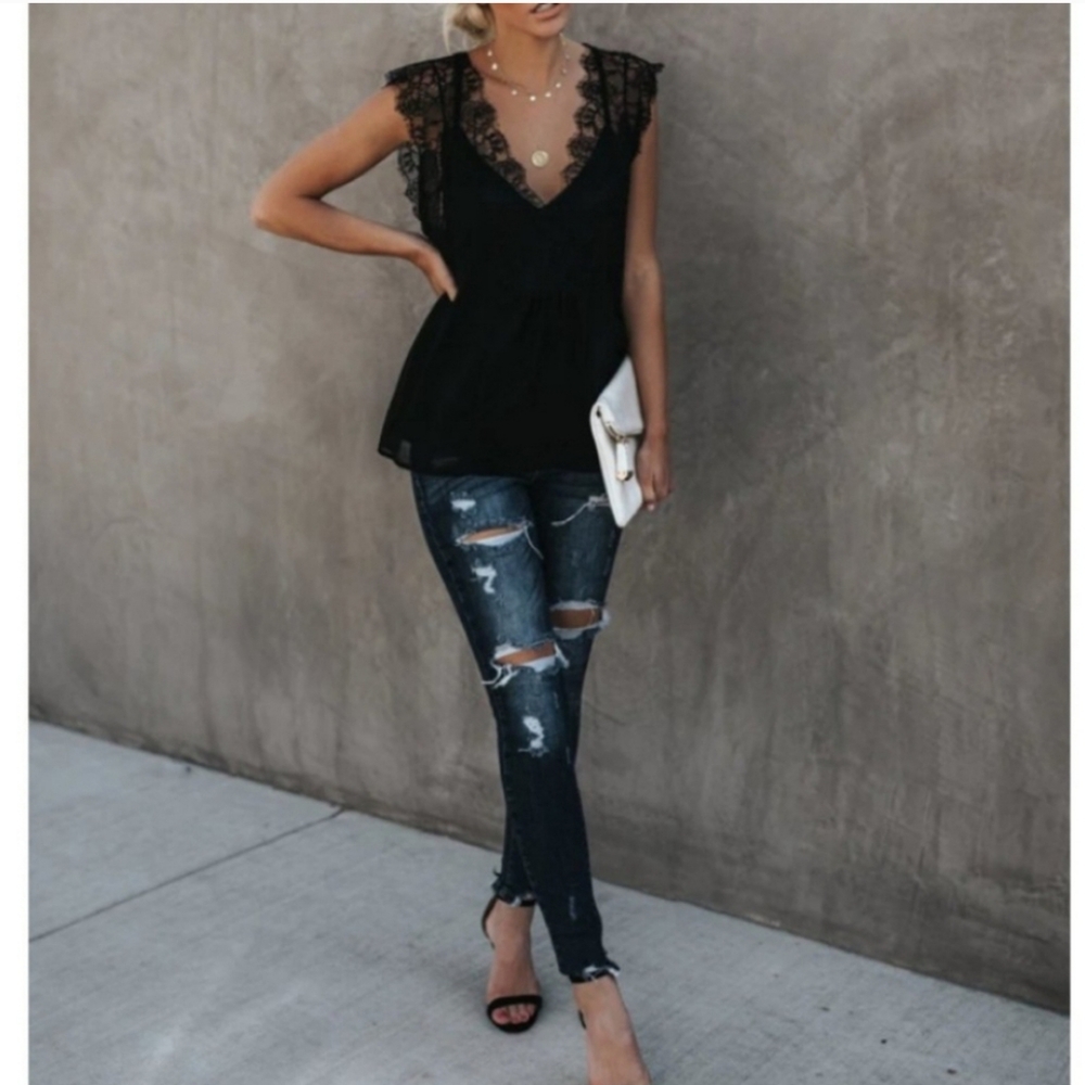 Black Lace Tank Top With Removable Racerback Camisole - Picture 6 of 16